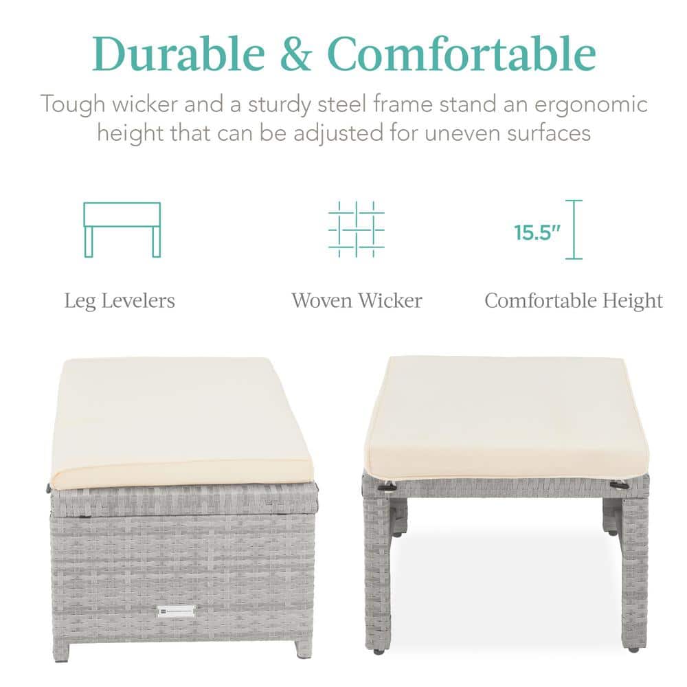 Gray Wicker Patio Ottomans with Cream Cushions, Set of 2