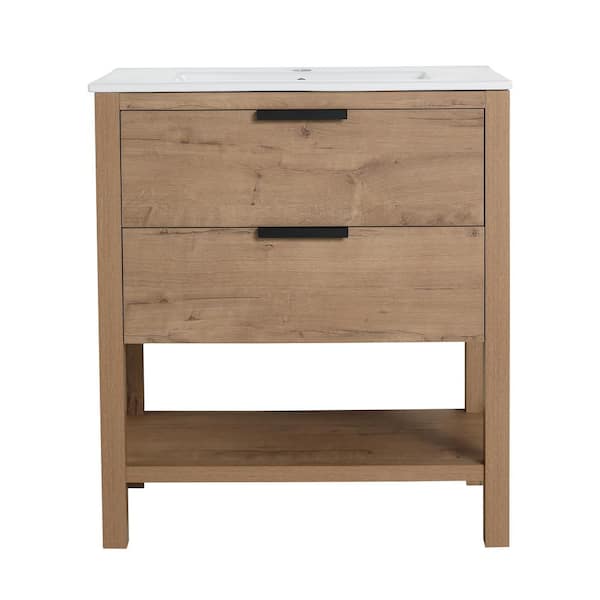 30 in. Freestanding Single Sink Plywood Bath Vanity in Imitative Oak with White Ceramic Top