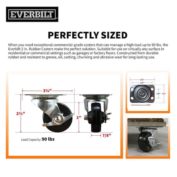 3 in. 220 lbs. Capacity Rubber Single-Bearing Swivel Plate Caster with Brake (4-Pack)