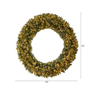 72 in. Prelit LED Giant Flocked Artificial Christmas Wreath with Pinecones, 400 Clear LED Lights