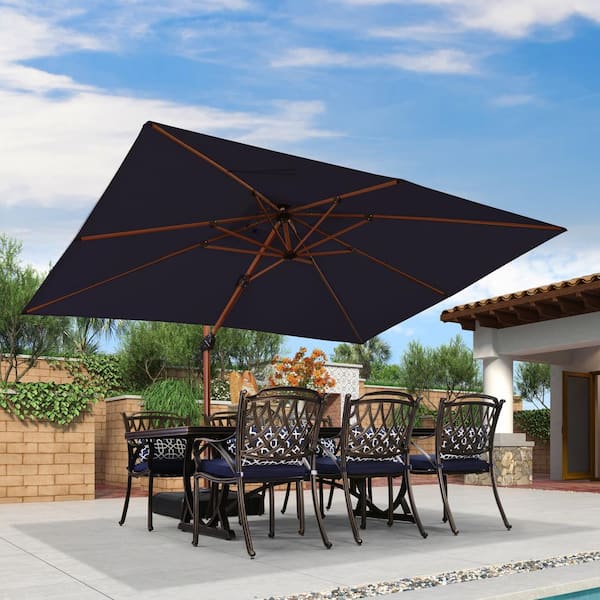PURPLE LEAF 9 ft. x 12 ft. High-Quality Wood Pattern Aluminum Cantilever Polyester Patio Umbrella with Base, Navy Blue