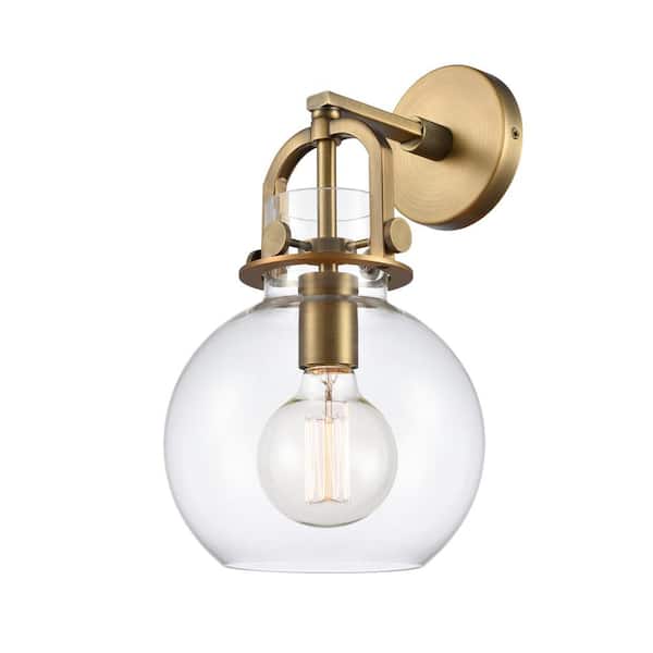 Newton Sphere 1-Light Brushed Brass Wall Sconce with Clear Glass Shade
