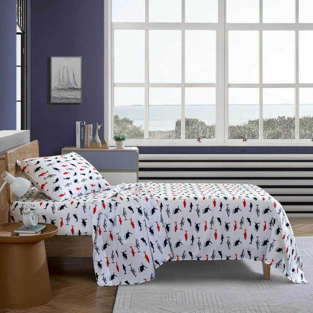 Queen Black and White Shark Print Microfiber Sheet Set