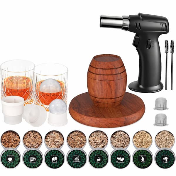 1-Piece Brown Wood Glass Stainless Steel Cocktail Smoker Kit with Torch and Wood Chips for Whiskey Bourbon