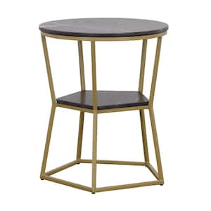 20 in. W Luzon Black, Gold Round Marble Top End Table with Gold Iron Base