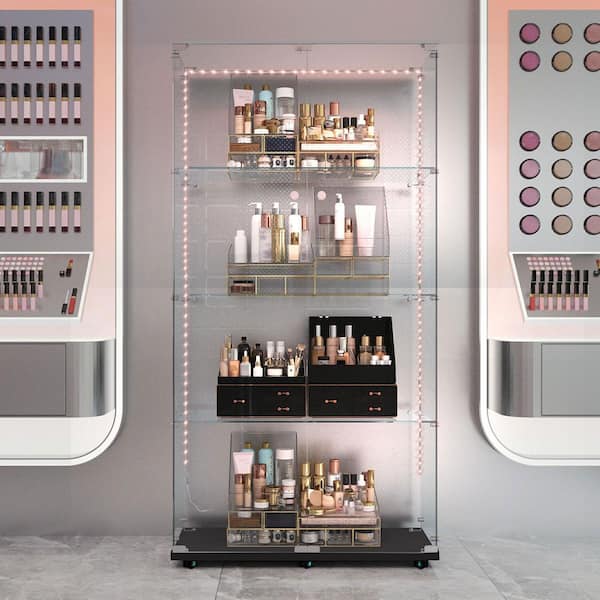 65 in. Tall Black Lockable Glass Display 4-Shelves Bookcase with Bluetooth LED Strip for Wine Cabinet Storage Toys