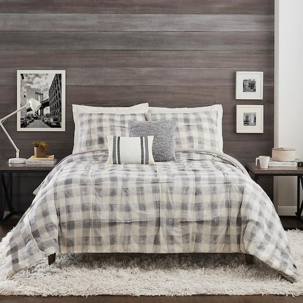MAKERS COLLECTIVE Maddie 5-Piece Gray Plaid Cotton Queen Comforter Set
