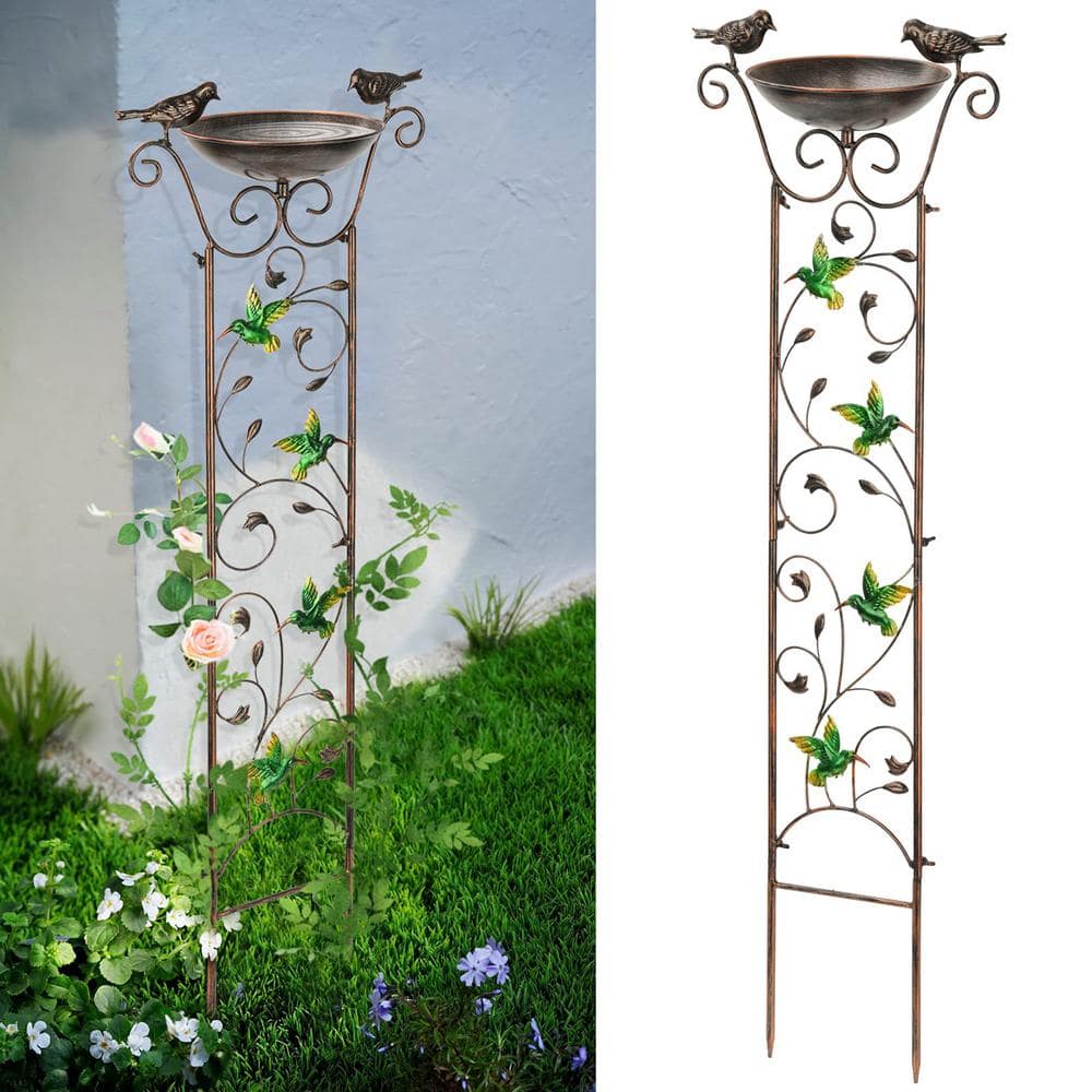 Elegant 40" Bronze Metal Garden Trellis with Bird Bath