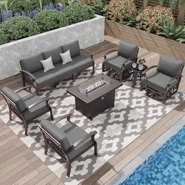 Halmuz 7-Piece Aluminum Patio Conversation Set with Armrest, Propane Fire Pit Table, Swivel Rocking Chairs and Cushion Black