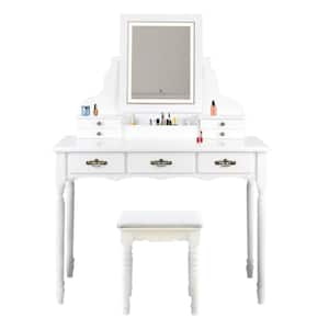 Modern White Wooden Vanity Set Makeup Dressing Table Stool with LED Mirror
