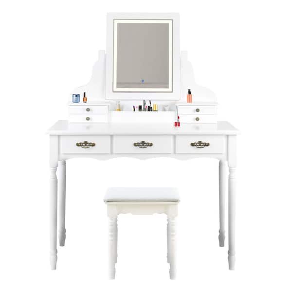 Unbranded Modern White Wooden Vanity Set Makeup Dressing Table Stool with LED Mirror