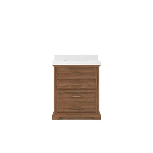 Willow Collections Charlotte Teak 30 in. W x 22 in. D x 36 in. H Single Sink Bath Vanity Center in Dark Natural with 2" White Quartz Top