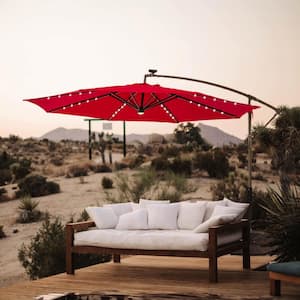 10 ft. Steel Cantilever Solar Lighted Patio Umbrella with Cross Base Stand in Red Solution Dyed Polyester