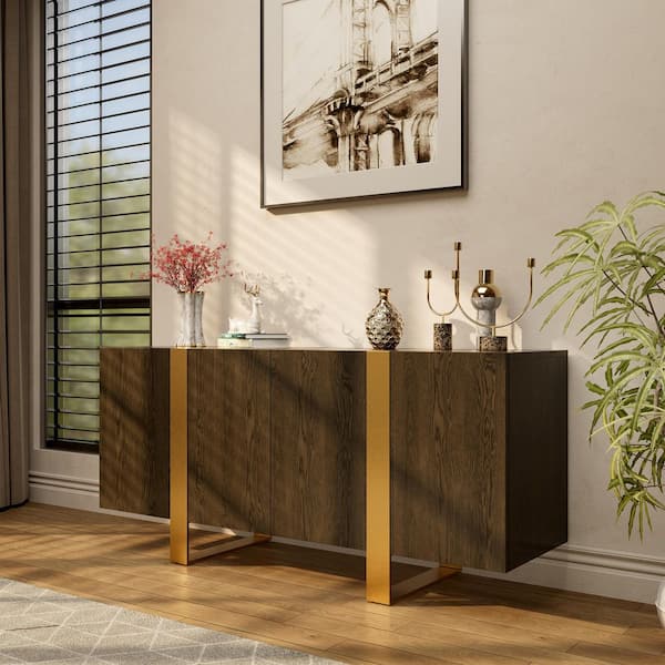 Brown 63 in. TV Stand Cabinet Media Console Table with 3-Doors Fits TV's Up to 75 in.