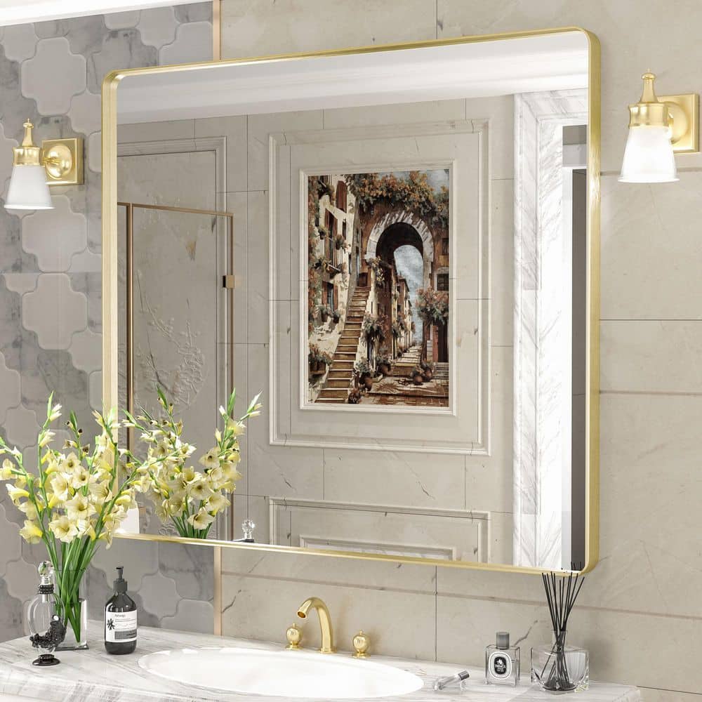 40 in. W x 36 in. H Rectangular Aluminum Alloy Framed and Tempered Glass Wall Bathroom Vanity Mirror in Brushed Gold price history on PriceWatchPro