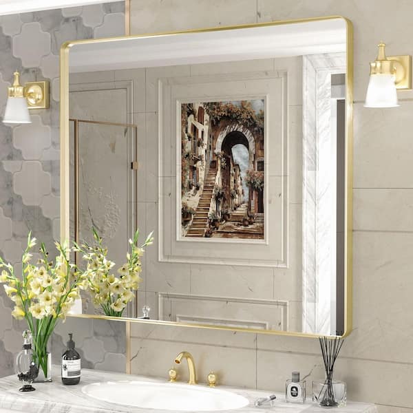 40 in. W x 36 in. H Rectangular Aluminum Alloy Framed and Tempered Glass Wall Bathroom Vanity Mirror in Brushed Gold
