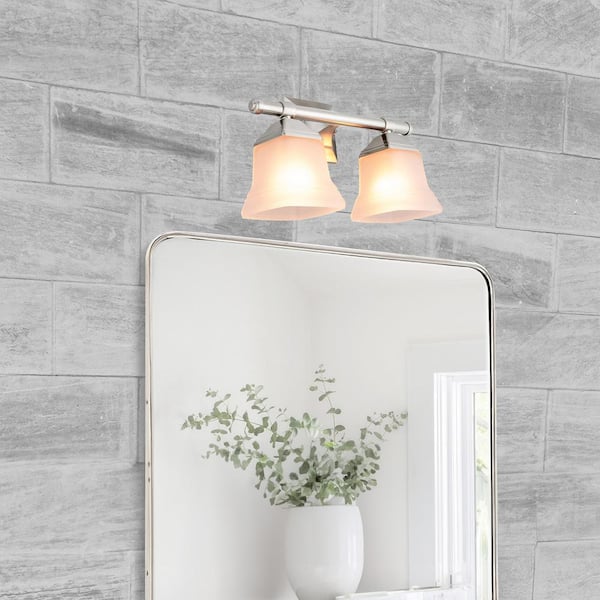 14 in. 2-Light Brushed Nickel Bath Vanity Light Fixture with Bell Shaped Frosted Glass Shade