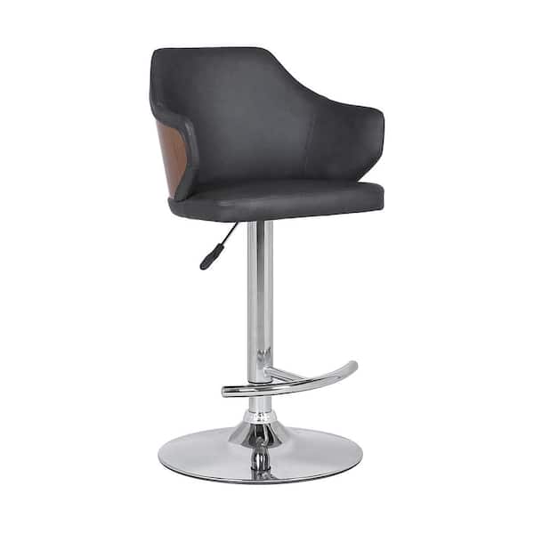 Armen Living Aaron Mid-Century Adjustable Bar Stool in Chrome with Grey Faux Leather and Walnut Wood Back
