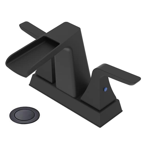 Lukvuzo Waterfall 4 In. Centerset Double Handle Low Arc Bathroom Faucet with Drain Kit Included in Matte Black