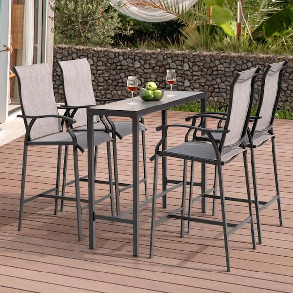 Black 5-Piece Textilene and Metal Outdoor Patio Bar Set with High Backrest and Tempered Glass Tabletop