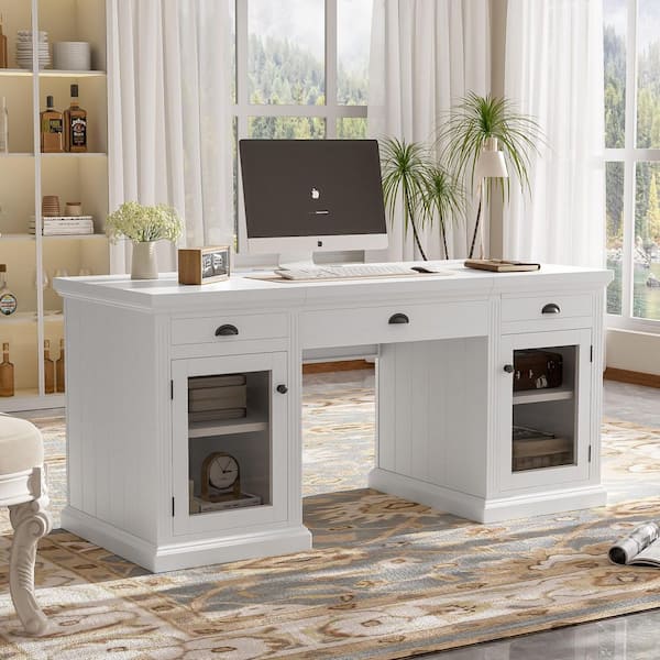 67.70 in. Rectangular White Solid Wood Desk with 2 Glass Doors Storage Cabinet and 3 Drawers