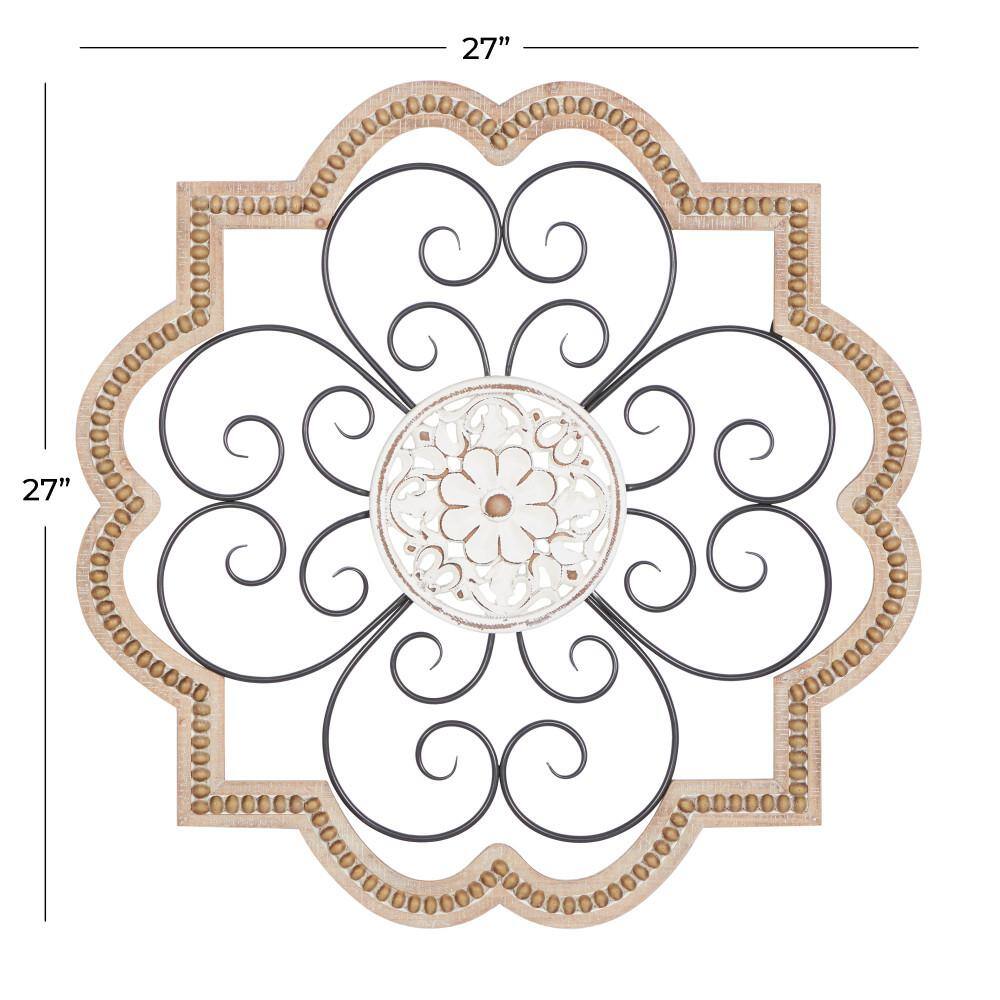 Brown and White Wooden Floral Scroll Wall Sculpture with Metal Accents