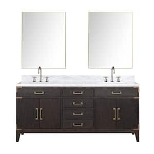 Fossa 72 in W x 22 in D Brown Oak Double Bath Vanity, Carrara Marble Top, Faucet Set, and 34 in Mirrors