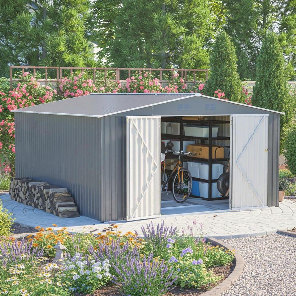 Ama pear Gray 12 ft. W x 14 ft. D Waterproof Outdoor Metal Storage