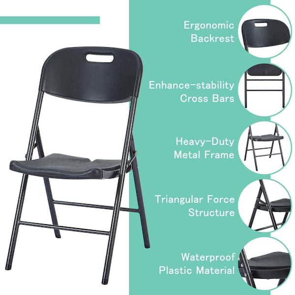 Black Folding Chairs 4-Pack, Black Commercial Grade Plastic and Steel, Space-Saving & Lightweight Seat