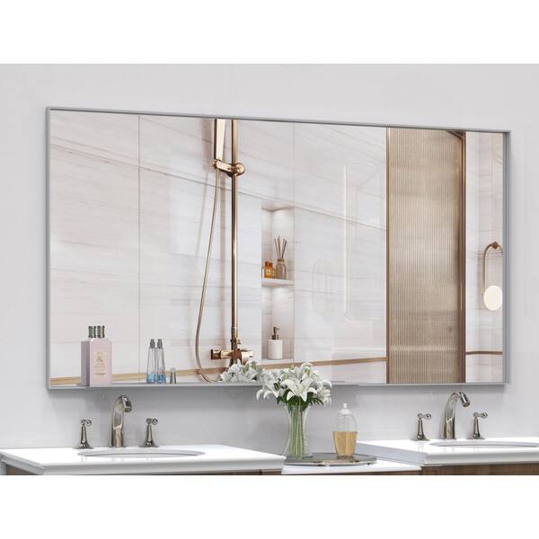 55 in. x 30 in. Silver Frame Rectangle Oversize Wall Bathroom Vanity Mirror Easy Hang Decorative Mirror