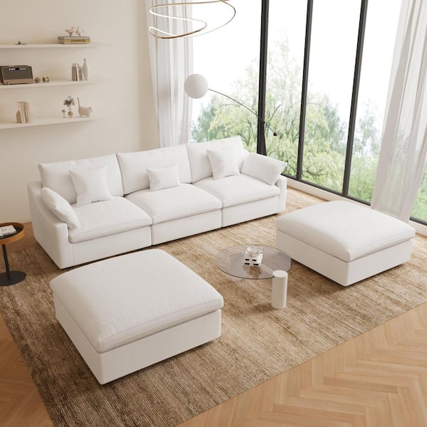 120 in. Square Arm 5-Piece Linen Upholstered Cloud Modular Sectional Sofa 3-Seater w/ Ottoman, Washable Covers in White