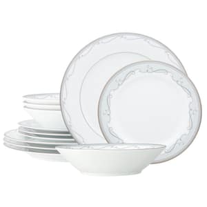 Satin Flourish (White) Porcelain 12-Piece Dinnerware Set, Service For 4