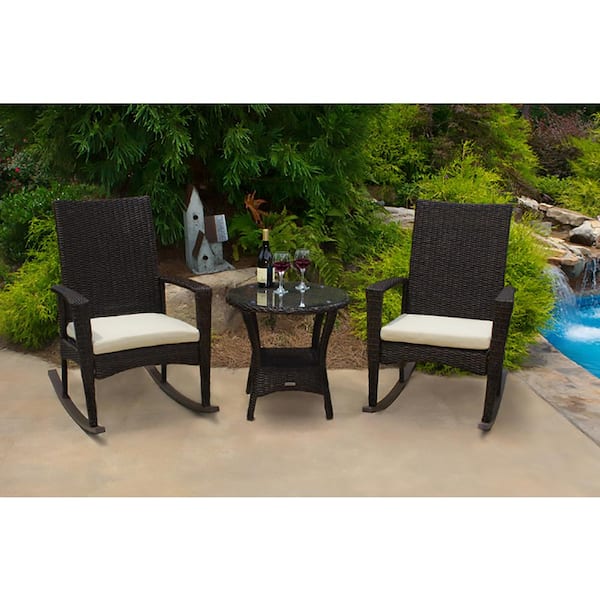 Tortuga Outdoor Bayview 3Piece Pecan Wicker Rocking Chair Set with Tan