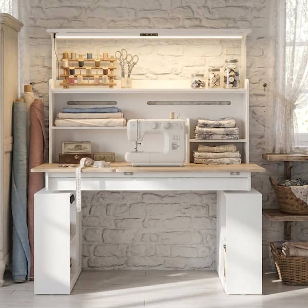 FUFU&GAGA 55.1 in. Rectangular White Wood Desk with Adjustable
