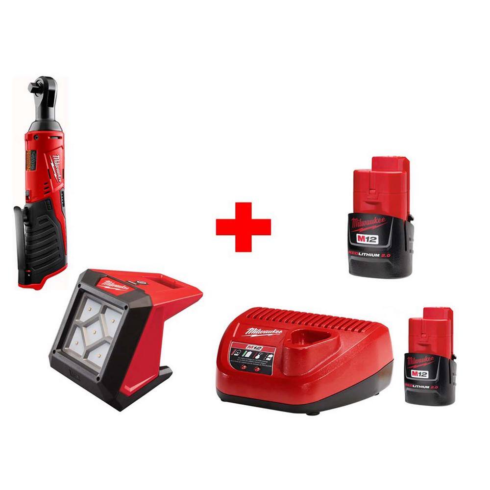 Milwaukee M12 12-Volt Lithium-Ion Cordless 3/8 in. Ratchet and LED Flood Light Combo Kit (2-Tool) -  2457-20-MN