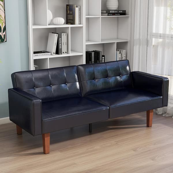 WONDER COMFORT 68 in. Black Smooth PU Lether Twin Size Convertible Sofa Bed with Adjustable Backrest and Solid Wood Legs
