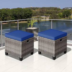 2-Pieces Patio Rattan Cushioned Ottoman Seat Foot Rest Table Navy