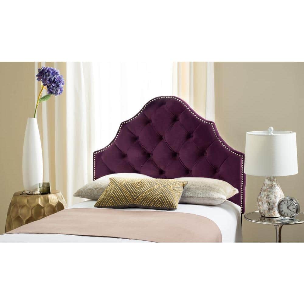Transitional Aubergine Velvet Tufted Twin Headboard with Nailhead Detail