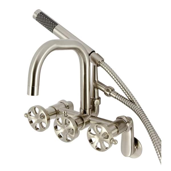 Kingston Brass Belknap 3-Handle Wall-Mount Clawfoot Tub Faucet with Hand Shower in Brushed Nickel