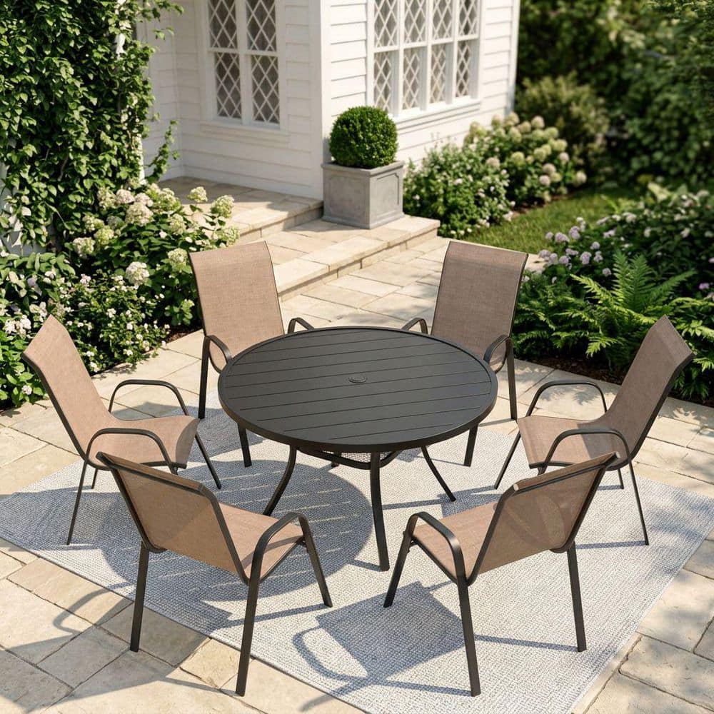7-Piece Metal Outdoor Dining Set with 47.2 in. Black Round Dining Table and 6 Brown Stackable Textilene Chairs price history on PriceWatchPro