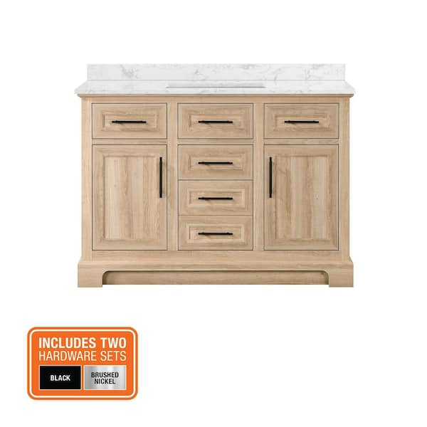 Doveton 48 in. Single Sink Freestanding Weathered Tan Bath Vanity with White Engineered Marble Top (Assembled)