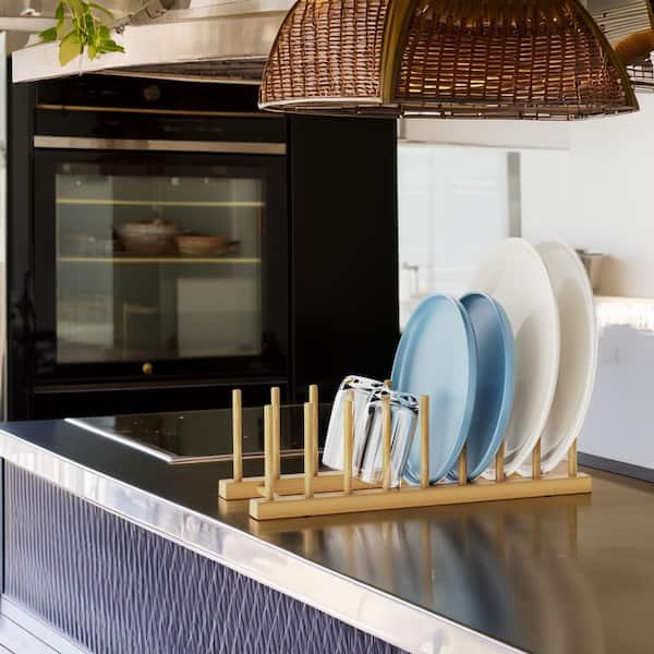 Lynzavix Natural Bamboo Dish Rack Organizer Sturdy Kitchen Plate Holder ...
