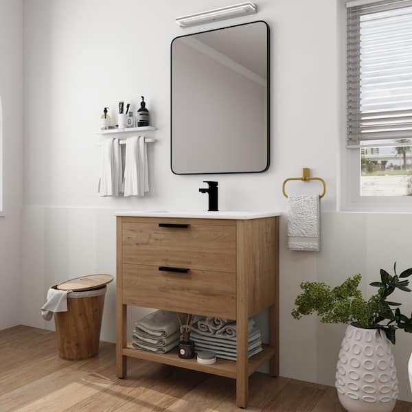 Unbranded 30 in. W x 18.3 in. D x 33.5 in. H Freestanding Bath Vanity in Oak with Single White Ceramic Top and Soft Close Drawer