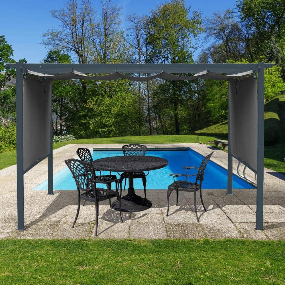 12 ft x 10 ft Gray Aluminum Patio Pergola with Retractable Canopy