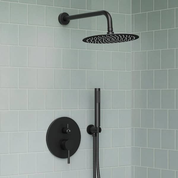 2-Handle 10 in. Round 2.5 GPM Wall Mount 2-Spray Tub and Shower Faucet in Pressure Balance Matte Black Valve Include