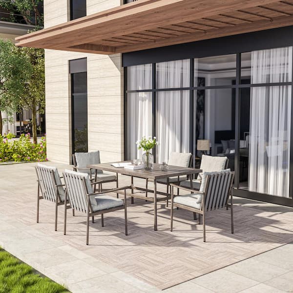 EGEIROSLIFE SleekLine 7-Piece Aluminum Rectangular Outdoor Dining Set with Light Gray Cushions