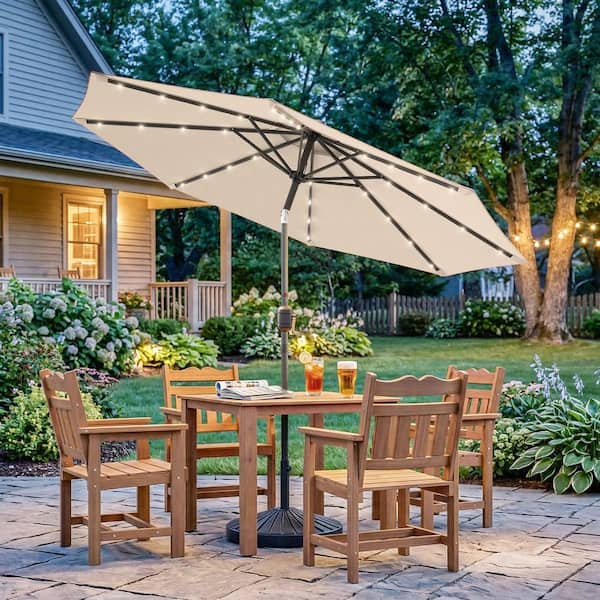 9' umbrella patio Sonkuki 9 ft. Solar Lighted LED Outdoor Patio Market Table Umbrella in Beige, UV-Resistant Canopy and Tilt Button