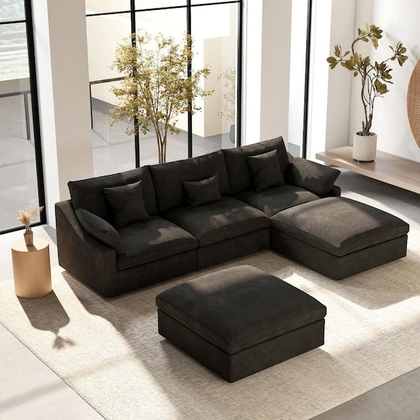 120 in. Square Arm 5-Piece Linen Upholstered Cloud Modular Sectional Sofa 3-Seater w/ Ottoman, Washable Covers in Black