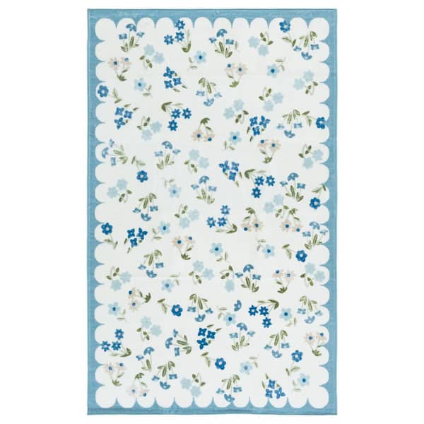 Martha Stewart Washable Ivory/Light Blue 3 ft. x 5 ft. Machine Washable Floral Modern Border Area Rug