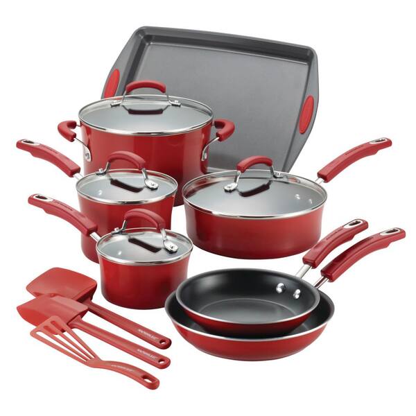 Rachael Ray Classic Brights 14 Piece Aluminum Nonstick Cookware Set In Cranberry Red Gradient 14267 The Home Depot